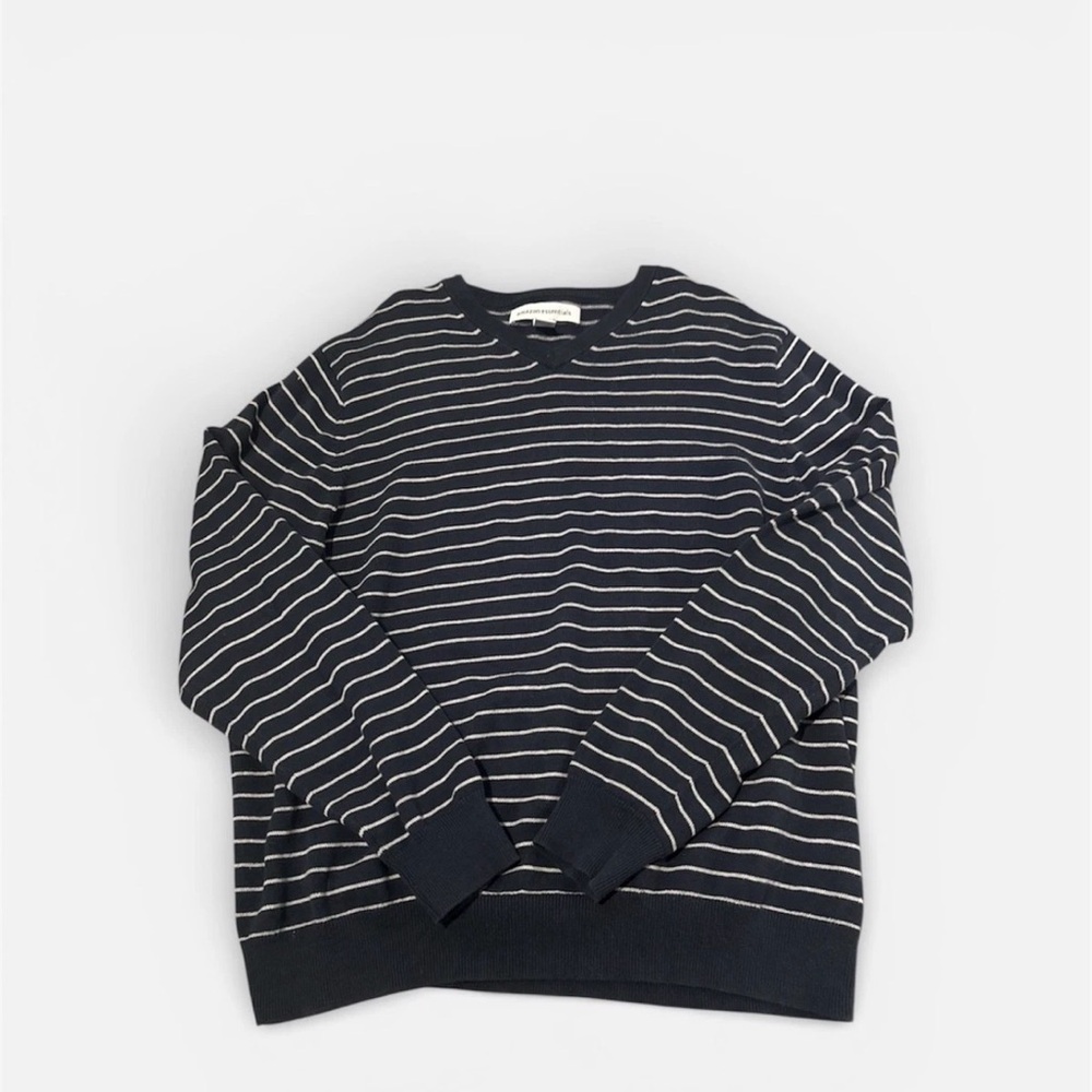 Amazon Essentials Men's Navy Blue White Striped V-Neck Pullover XL
